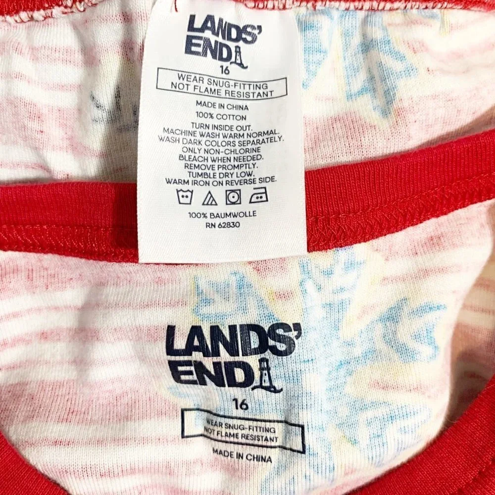 5/$25 Lands' End Pajama‎ Set 16 Red Snowflake Striped Long Sleeve Cotton PJ Set